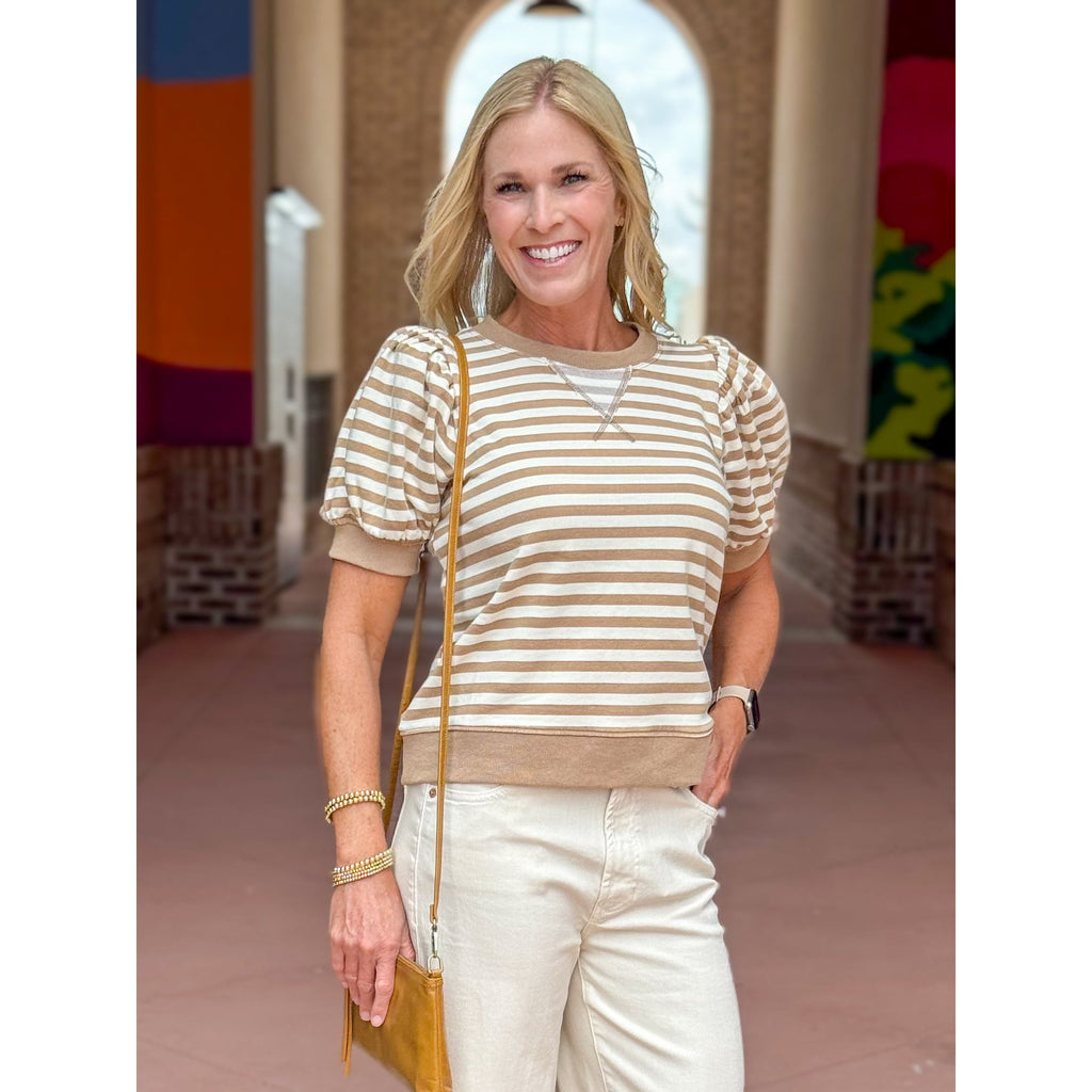 Kimberly Stripe Puff Sleeve Sweatshirt - Taupe