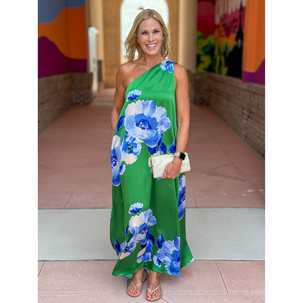 Glena Floral One Shoulder Maxi Dress - Green/Blues