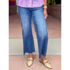 Risen Tummy Control Elastic Waistband Mid Rise Crop Wide Leg Jeans - Dark Wash