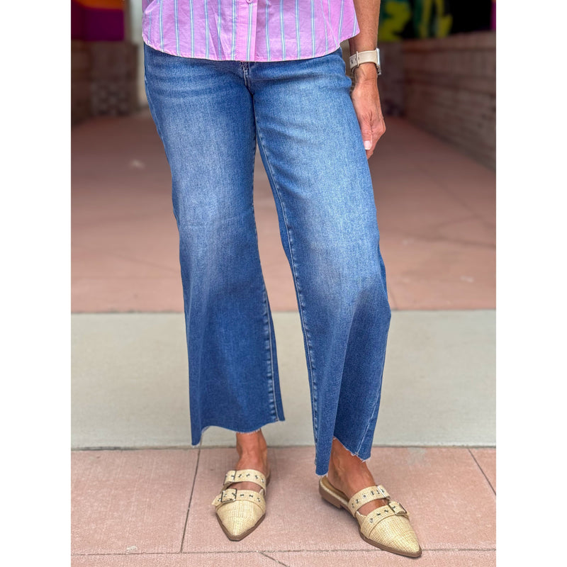 Risen Tummy Control Elastic Waistband Mid Rise Crop Wide Leg Jeans - Dark Wash