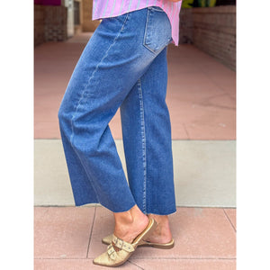 Risen Tummy Control Elastic Waistband Mid Rise Crop Wide Leg Jeans - Dark Wash