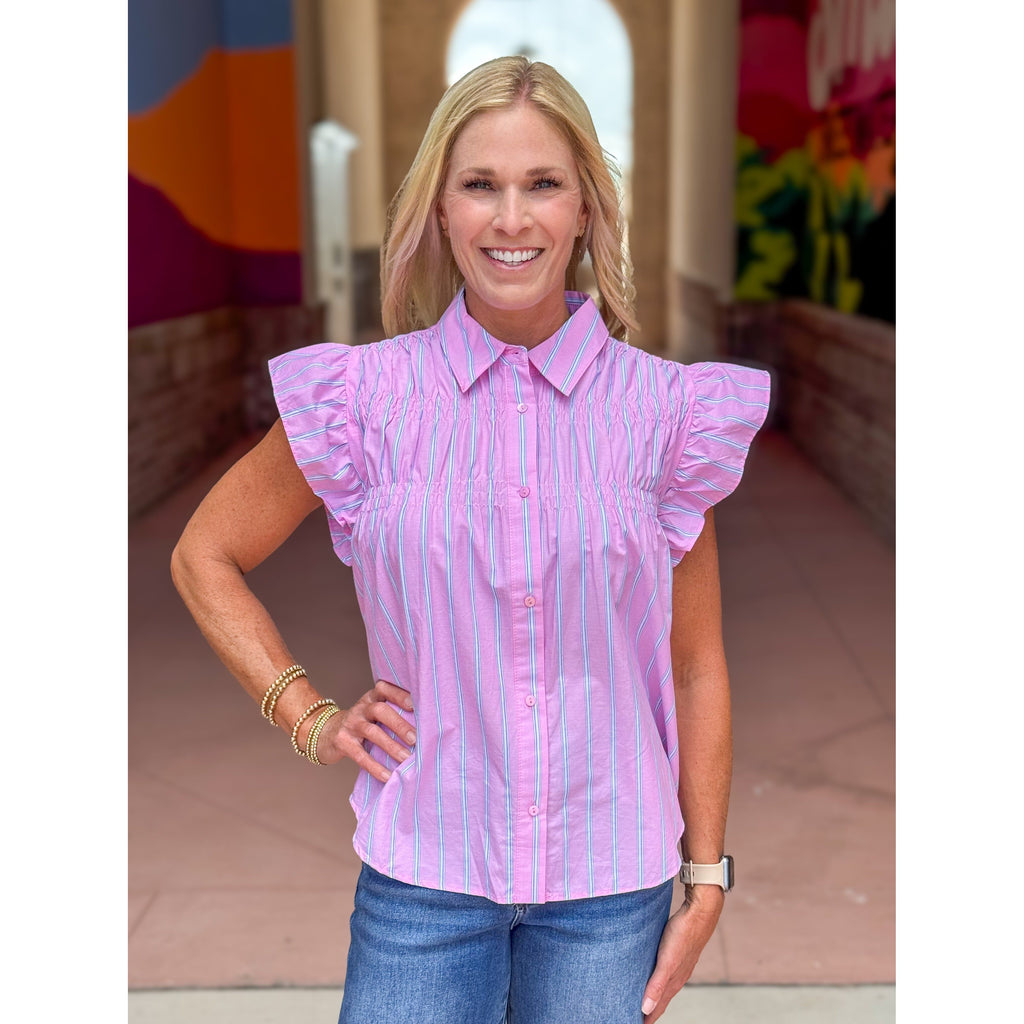 Tanya Smocked Stripe Top - Pink/Blue