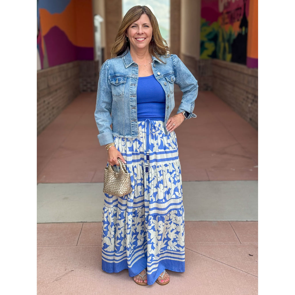 Lissy Floral Print Tiered Maxi Skirt- Blue/White