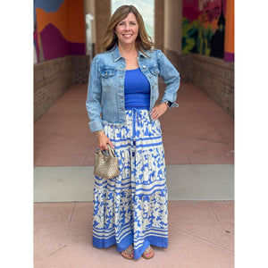 Lissy Floral Print Tiered Maxi Skirt- Blue/White