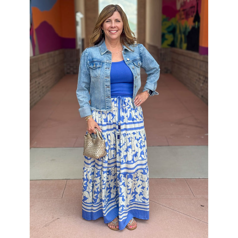 Lissy Floral Print Tiered Maxi Skirt- Blue/White