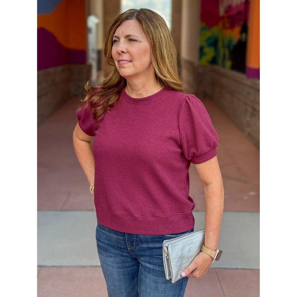 Karsen Cloudy Knit Puff Sleeve Top - Wine