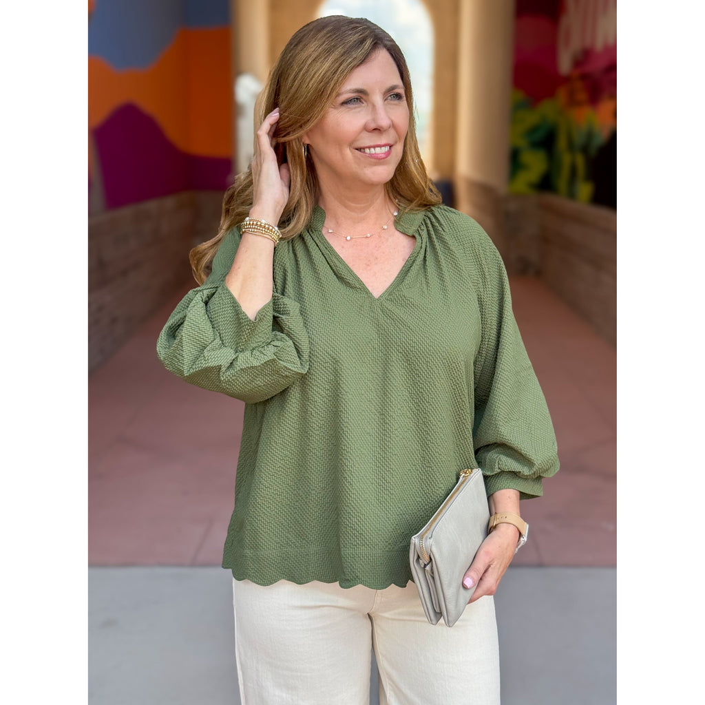 Gina Split V-Neck Textured Top - Olive