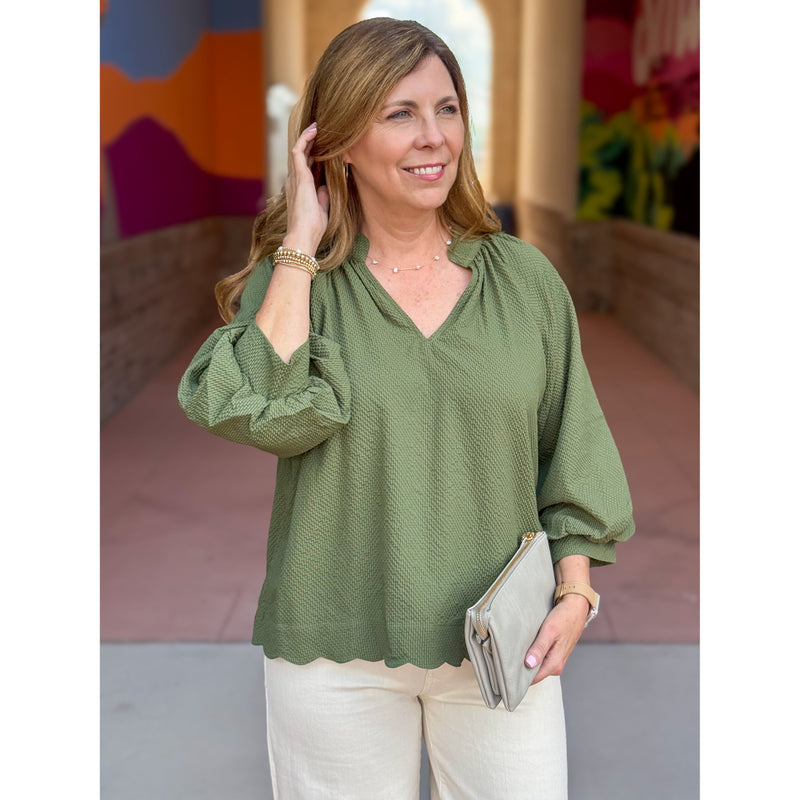Gina Split V-Neck Textured Top - Olive