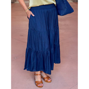 Liverpool Tiered Woven Maxi Skirt with Smocked Waistband - Dark Navy