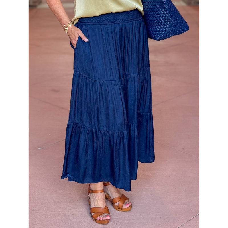 Liverpool Tiered Woven Maxi Skirt with Smocked Waistband - Dark Navy