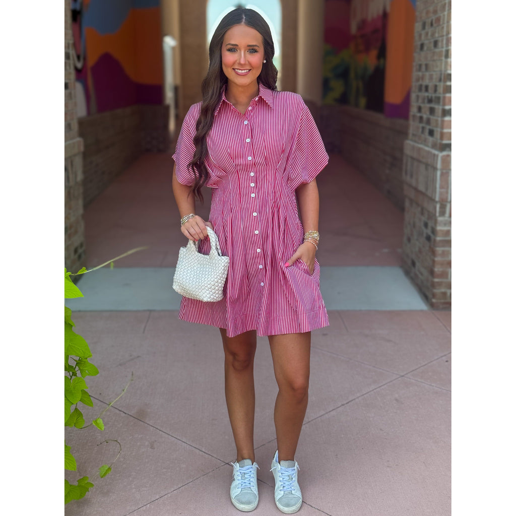 Zoey Button Down Pleated Shirt Dress - Red Stripe