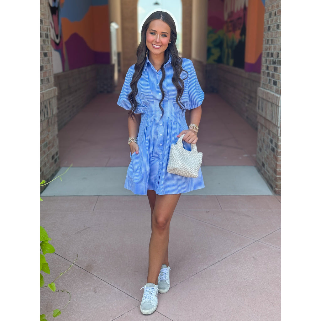 Zoey Button Down Pleated Shirt Dress - Light Blue Stripe
