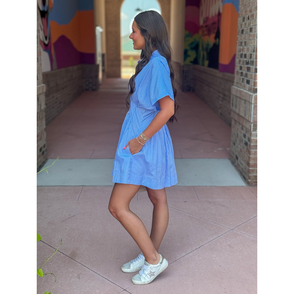 Zoey Button Down Pleated Shirt Dress - Light Blue Stripe