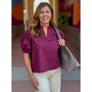 Carolynne V-Neck Woven Top - Deep Cranberry