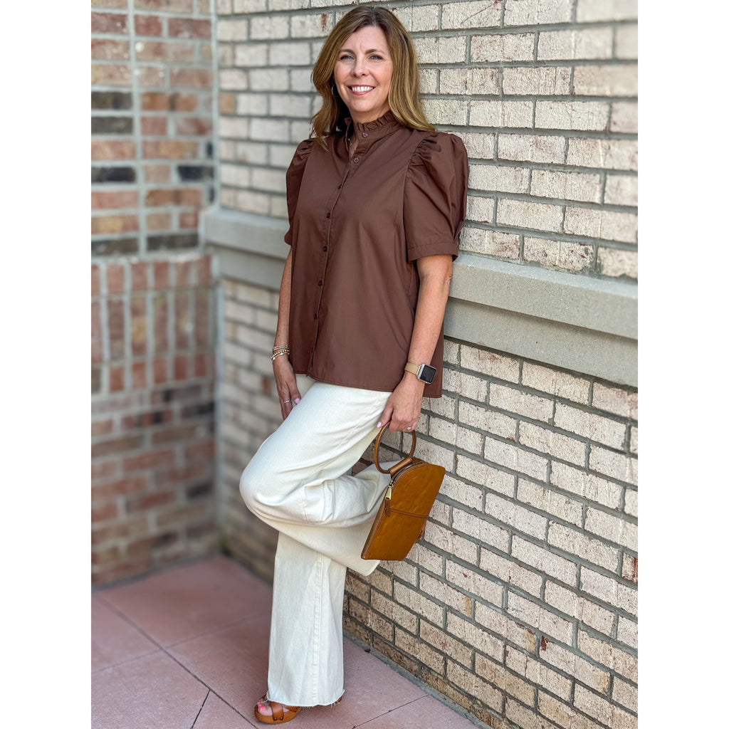 Charley Puff Shoulder Short Sleeve Blouse - Brown