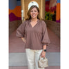 Gina Split V-Neck Textured Top - Chocolate