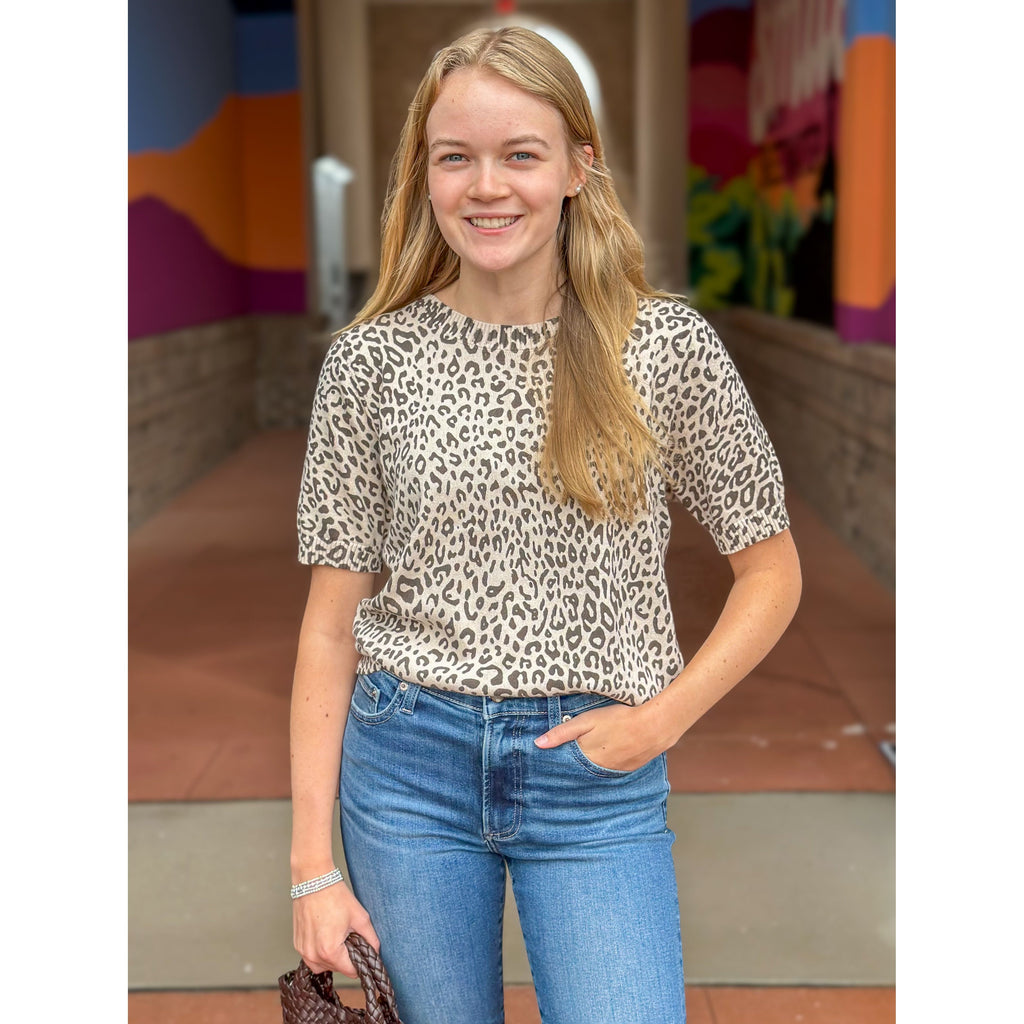 Adina Animal Print Short Sleeve Sweater - Taupe/Brown