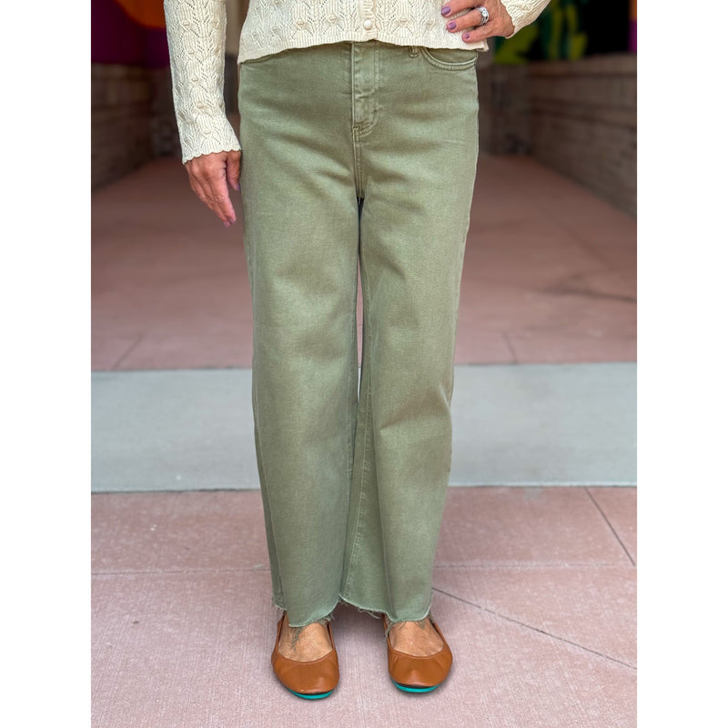 Mica High Rise Wide Cropped Leg Utility Jeans - Fall Green