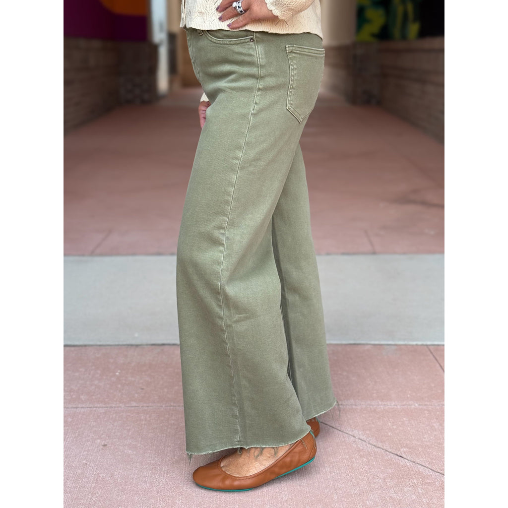 Mica High Rise Wide Cropped Leg Utility Jeans - Fall Green
