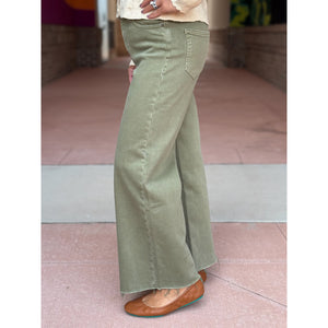 Mica High Rise Wide Cropped Leg Utility Jeans - Fall Green