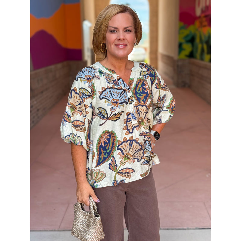 Willa Paisley Puff Sleeve Top - Cream