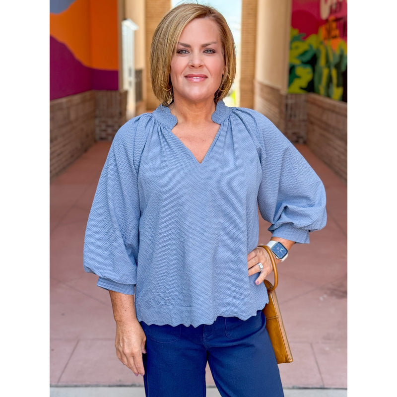 Gina Split V-Neck Textured Top - Steel Blue