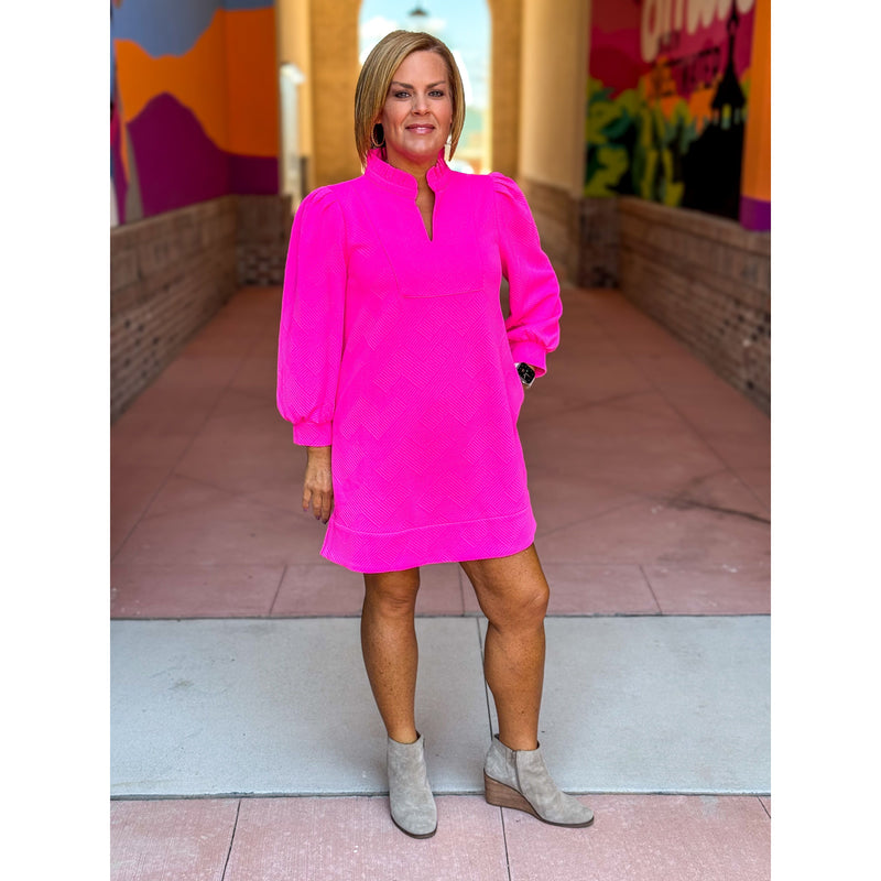 Mona Textured Dress with Frill Split V-Neck - Hot Pink