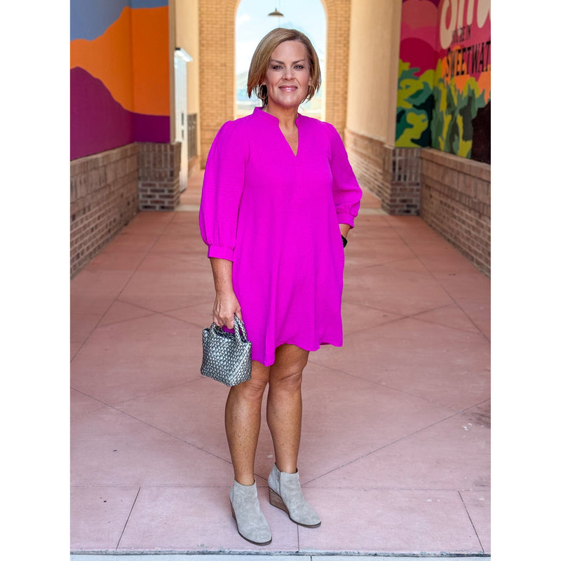 Jillian Split Neck Puff Sleeve Dress - Magenta