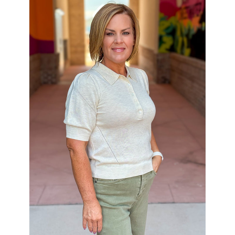 Ayla Short Sleeve Knit Polo Top - Ivory