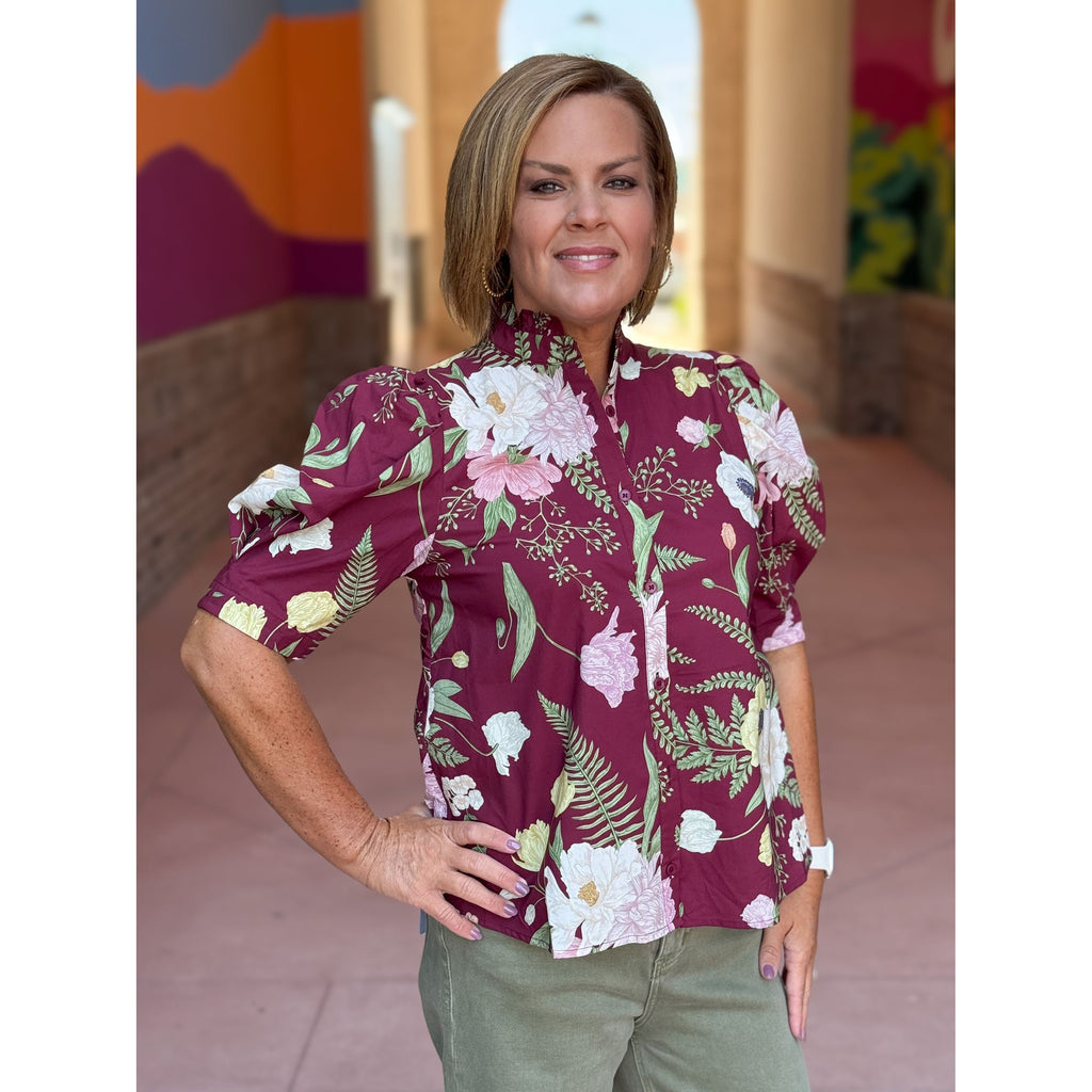 Leslie Ruffled Neck Button Front Blouse - Merlot