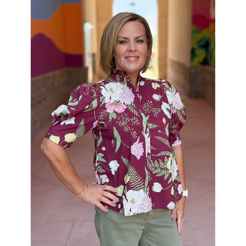 Leslie Ruffled Neck Button Front Blouse - Merlot