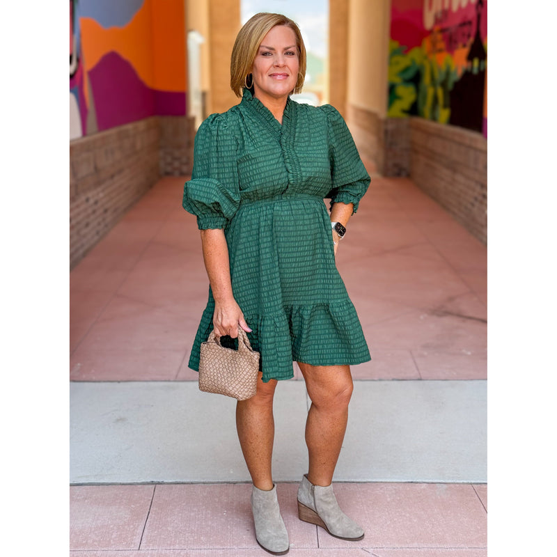 Jennapher Ruffle Trim Textured Dress - Palm Green