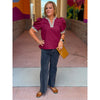Angela V-Neck Top with Leopard Print Accents - Merlot