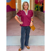 Angela V-Neck Top with Leopard Print Accents - Merlot
