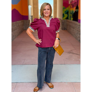 Angela V-Neck Top with Leopard Print Accents - Merlot