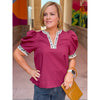 Angela V-Neck Top with Leopard Print Accents - Merlot