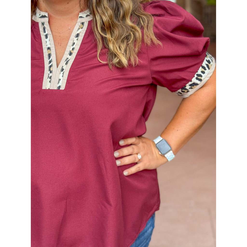 Angela Plus V-Neck Top with Leopard Print Accents - Merlot