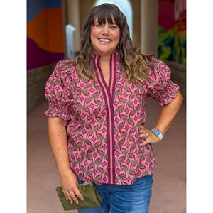 Kelsie Plus Abstract Pattern Short Puff Sleeve Top - Wine