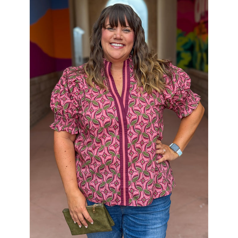 Kelsie Plus Abstract Pattern Short Puff Sleeve Top - Wine