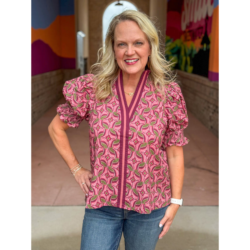 Kelsie Abstract Pattern Short Puff Sleeve Top - Wine