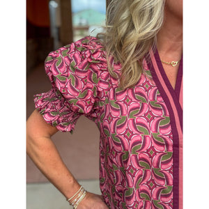 Kelsie Abstract Pattern Short Puff Sleeve Top - Wine