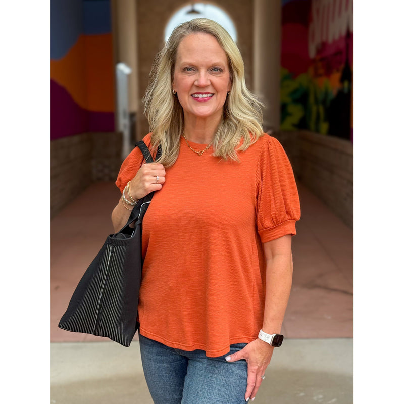 Eve Puffed Sleeve Ribbed Top - Rust