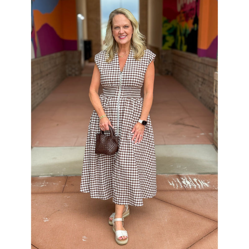 Hollie Gingham Pattern Sleeveless Zipper Front Dress - Chocolate