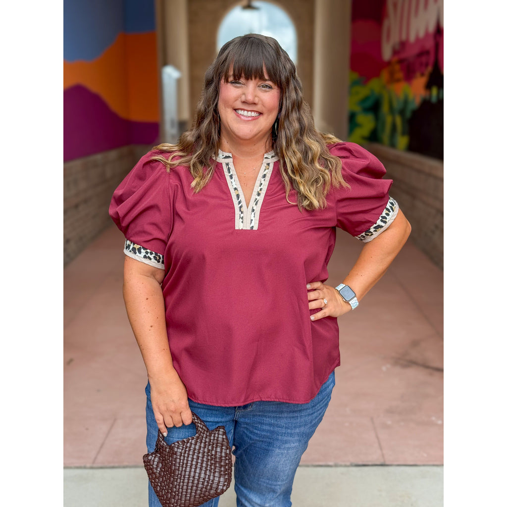 Angela Plus V-Neck Top with Leopard Print Accents - Merlot