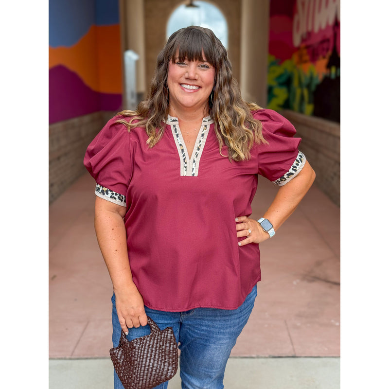 Angela Plus V-Neck Top with Leopard Print Accents - Merlot