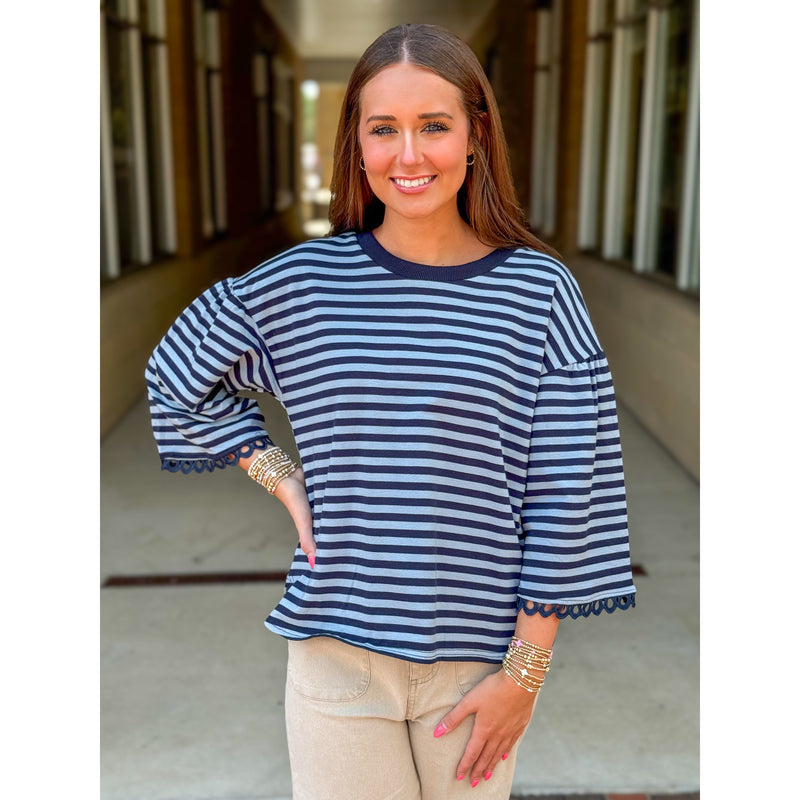 Romy Wide 3/4 Sleeves Stripe Top with Lace Accent - Navy