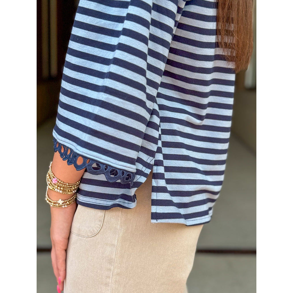 Romy Wide 3/4 Sleeves Stripe Top with Lace Accent - Navy
