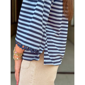 Romy Wide 3/4 Sleeves Stripe Top with Lace Accent - Navy