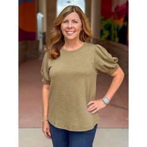 Eve Puffed Sleeve Ribbed Top - Olive