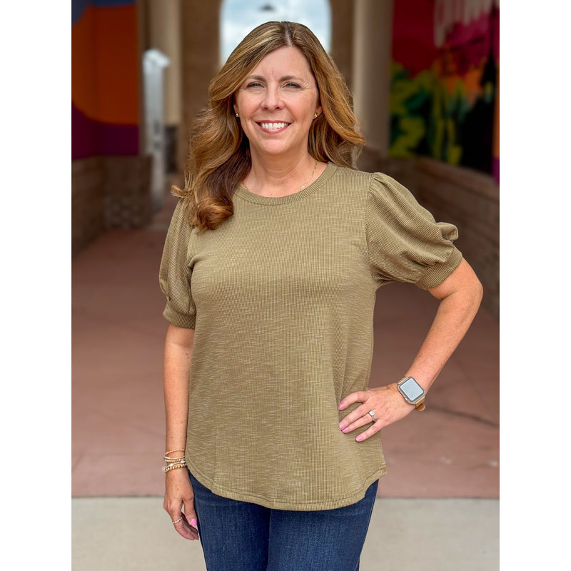 Eve Puffed Sleeve Ribbed Top - Olive